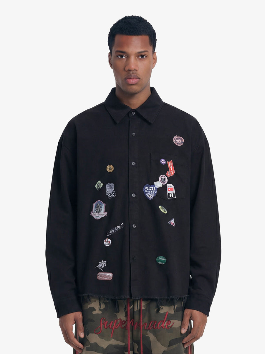 Fun Distressed Raw-Edge Printed Long-Sleeved Shirt - Black / S