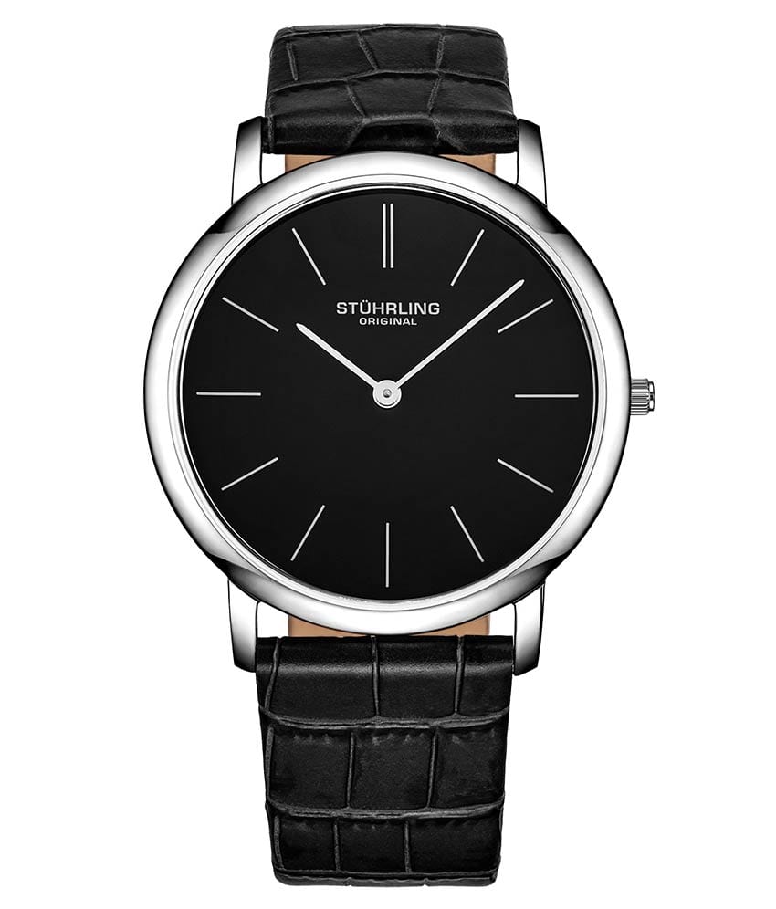 Stührling Ascot 601 Quartz 38mm Classic - Black Dial / Silver Case / Black Leather Strap Tang Buckle