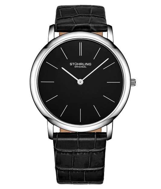 Stührling Ascot 601 Quartz 38mm Classic - Black Dial / Silver Case / Black Leather Strap Tang Buckle