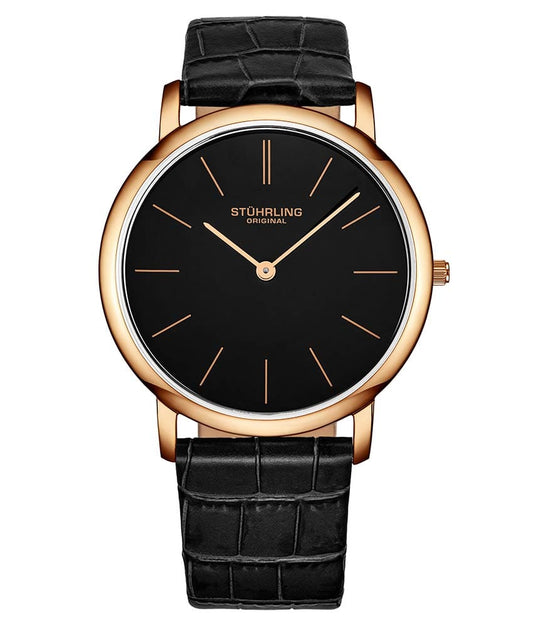 Stührling Ascot 601 Quartz 38mm Classic - Black Dial / Rose Case / Black Leather Strap Rose Gold Layered Tang Buckle