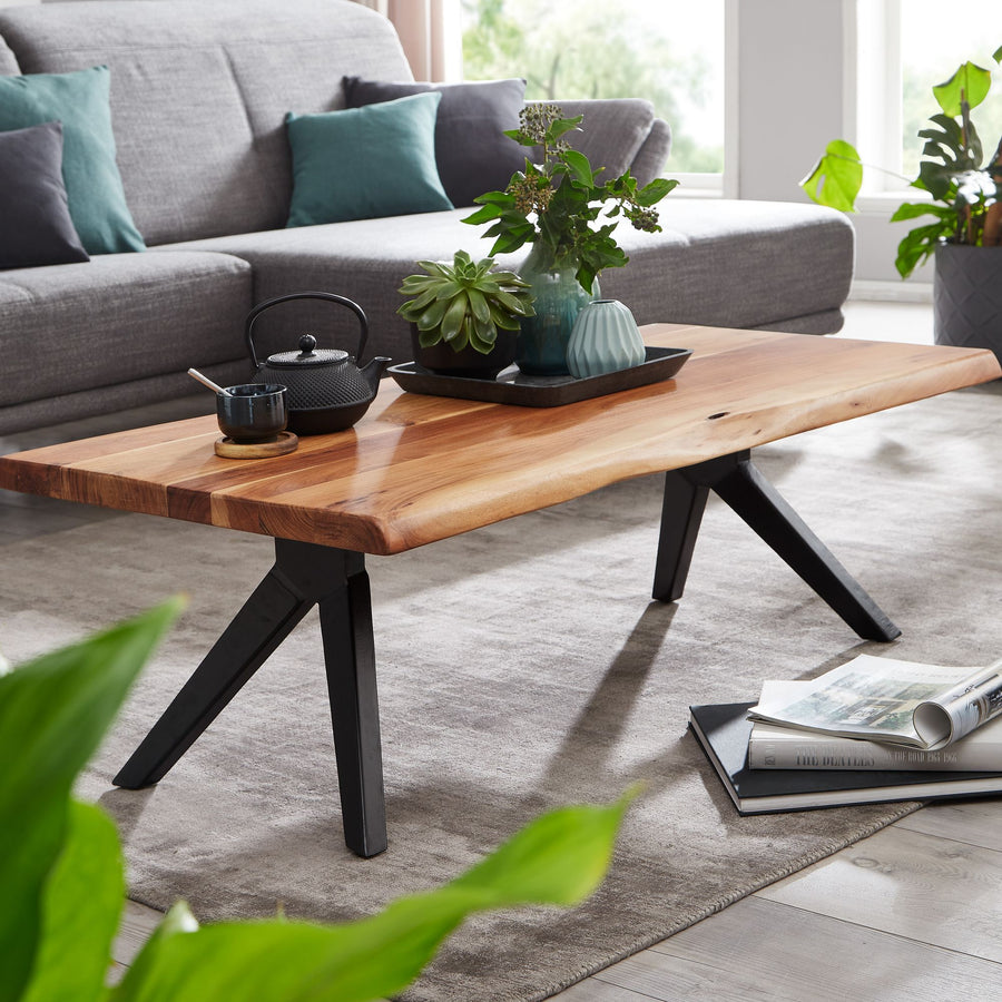 FineBuy Couchtisch Akazie Massivholz 115 cm rechteckig · Wohnzimmertisch mit Baumkante und schwarzem V-Gestell aus Metall · Handgefertigter Massivholz