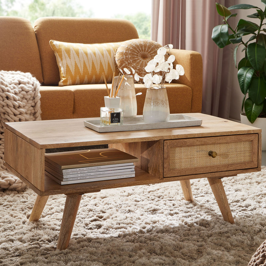 FineBuy Couchtisch 90x40x45 cm Mango Massivholz / Rattan Wohnzimmertisch Rechteckig, Holztisch mit Stauraum, Sofatisch mit Schublade, Tisch Wohnzimmer