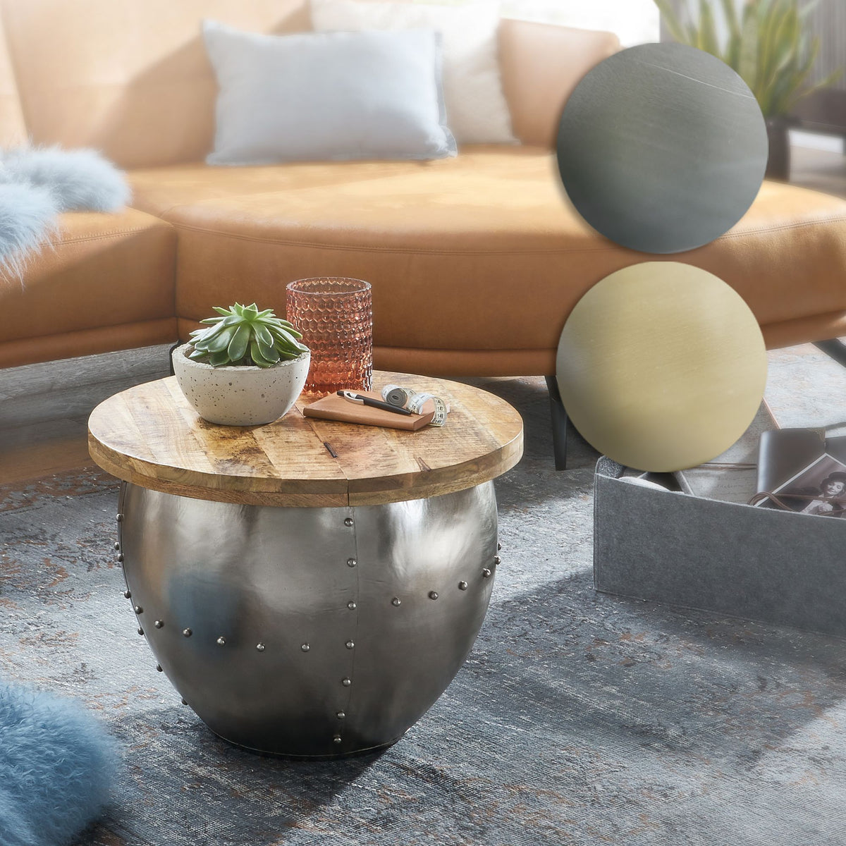 FineBuy Couchtisch Mango Massivholz / Metall 60x43x60 cm Industrial Style Rund, Design Wohnzimmertisch mit Stauraum, Moderner Loungetisch Sofatisch