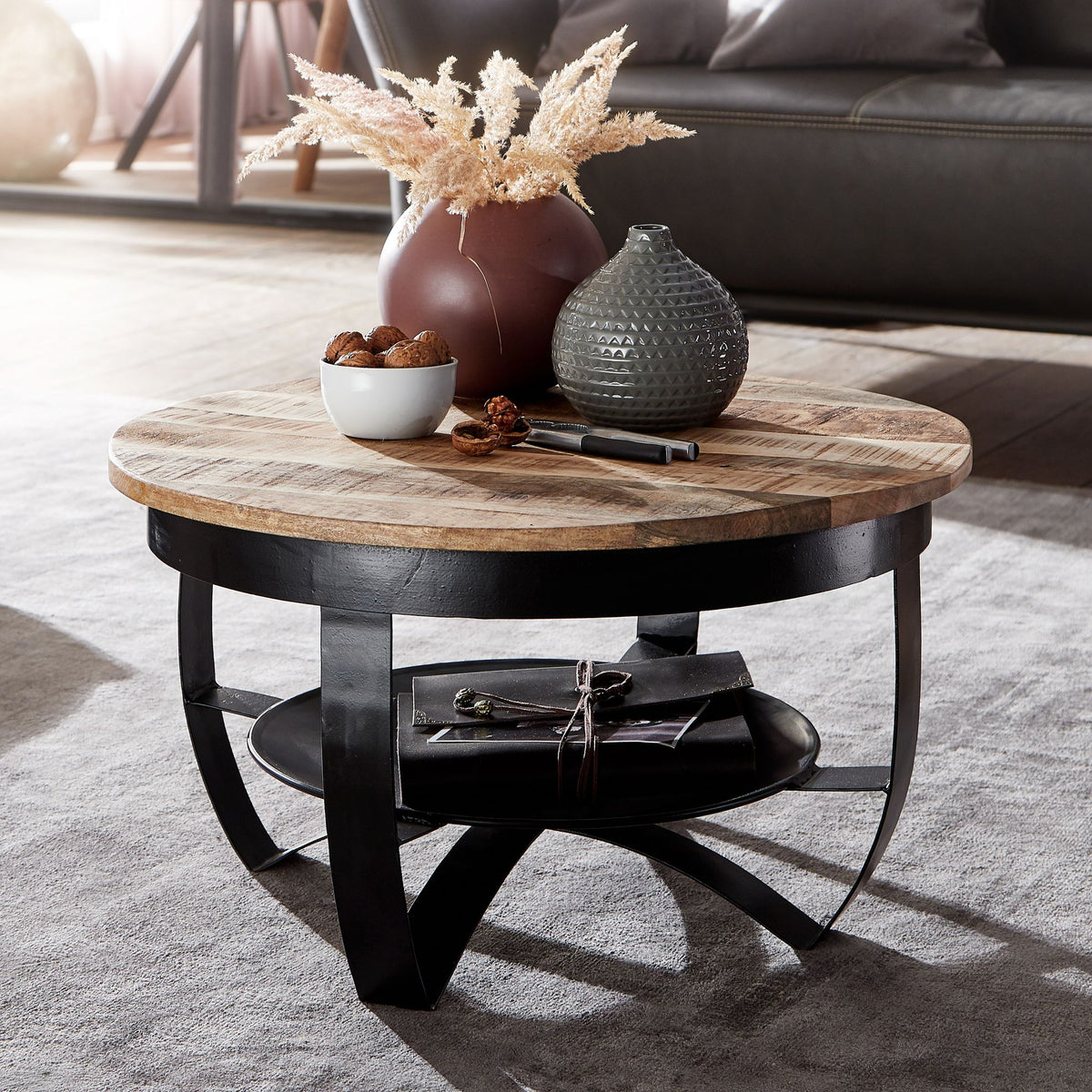 FineBuy Couchtisch 60x34x60 cm Mango Massivholz / Metall Industrial Schwarz Rund, Sofatisch Wohnzimmertisch Massiv, Kleiner Tisch Salontisch Wohnzimme