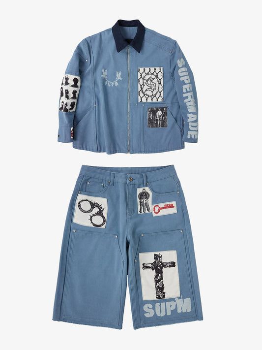 Supermade Multi-Element Appliqué Patchwork Denim Suit - 2593 - Blue / S / Set