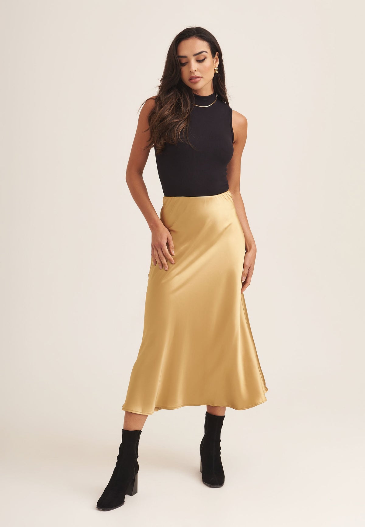 Sandy Gold Satin Bias Cut Midi Skirt - UK 8 / US 4 / EU 36