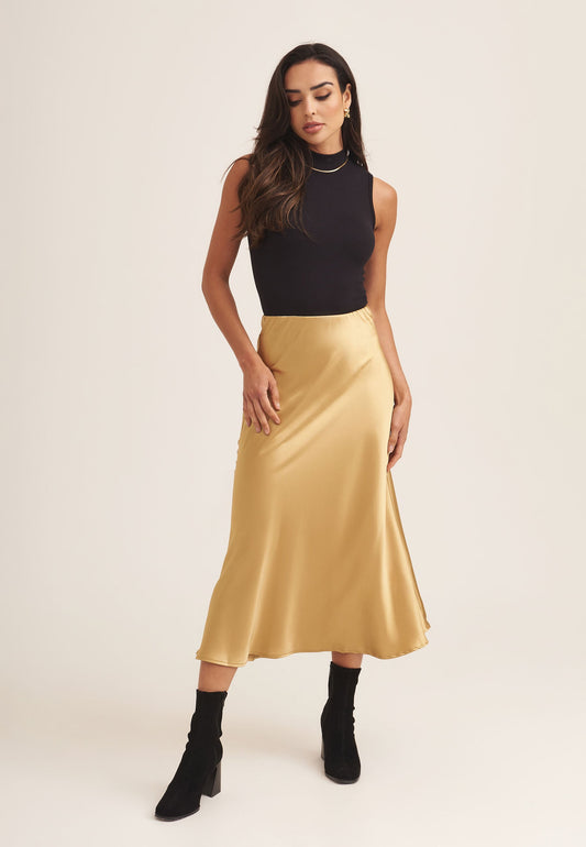 Sandy Gold Satin Bias Cut Midi Skirt - UK 8 / US 4 / EU 36