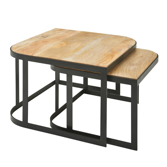 FineBuy Couchtisch 2er Set Mango Massivholz / Metall Wohnzimmertisch Braun, Industrial Satztisch Beistelltisch Metallbeine Schwarz, Tischset 2-teilig 