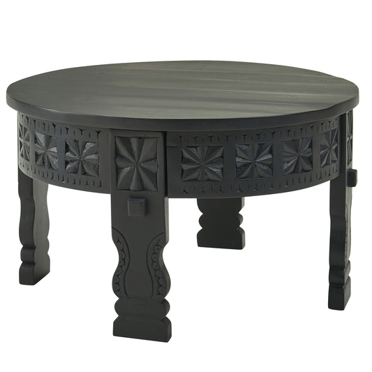 FineBuy Couchtisch Mango Massivholz rund · Handgeschnitzter Wohnzimmertisch im orientalischen Boho Design · Dunkler Massivholztisch