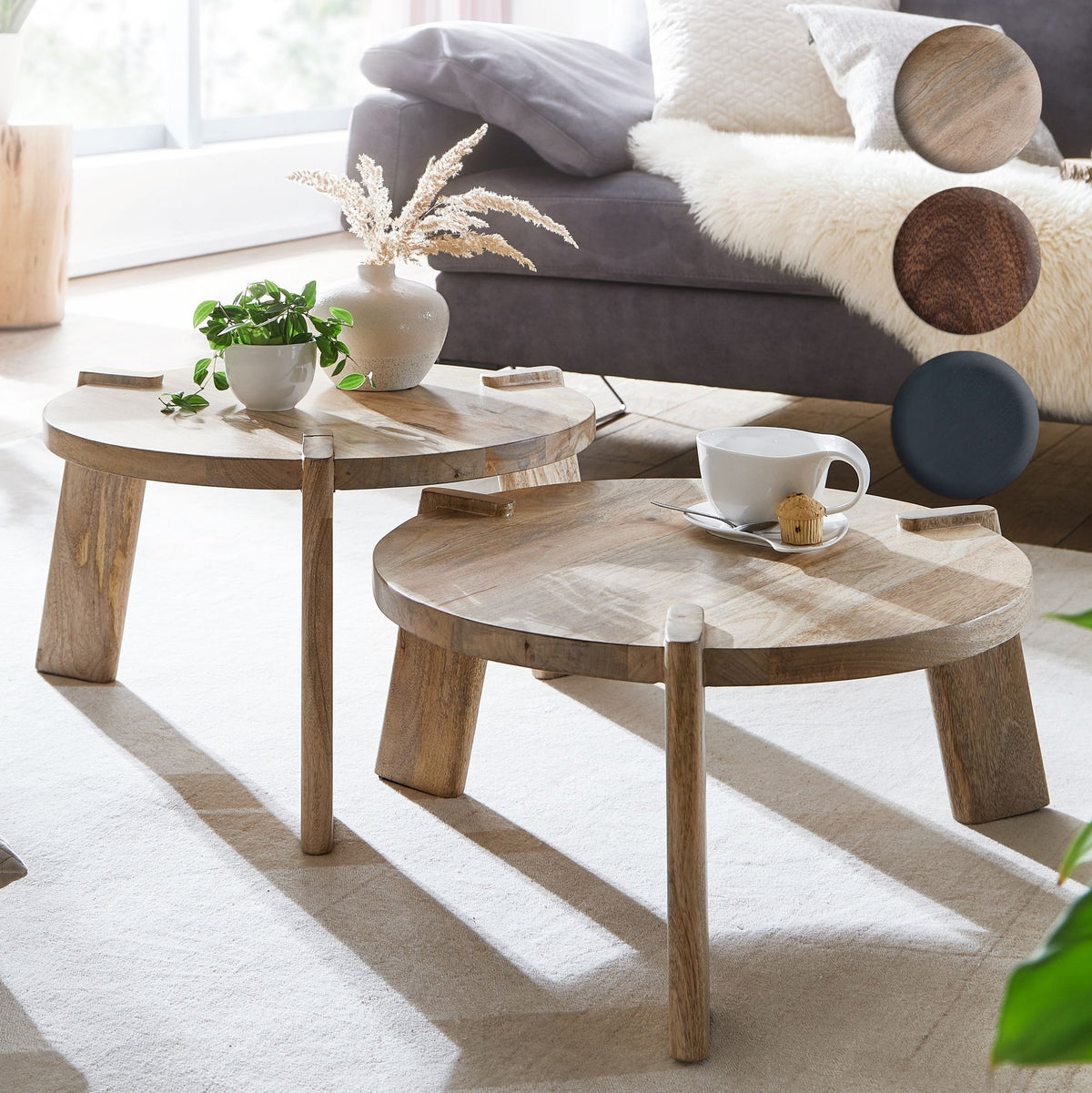 FineBuy Couchtisch Set 2er Mango Massivholz rund Natur · Wohnzimmertisch Beistelltisch im Japandi Design · Handgefertigte Satztische aus Echtholz mit 