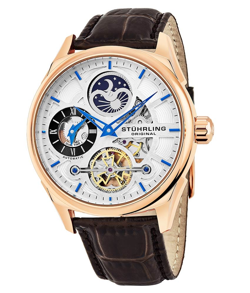 Stührling Special Reserve 657 Automatic 42mm Skeleton - Silver Dial / Rose Case / Brown Leather Strap Rose Gold Layered Tang Buckle