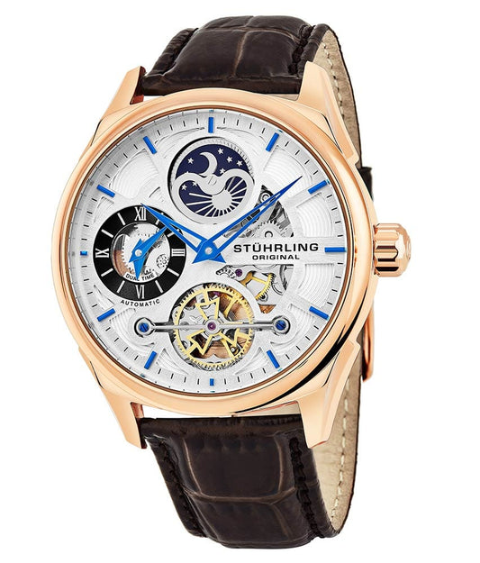 Stührling Special Reserve 657 Automatic 42mm Skeleton - Silver Dial / Rose Case / Brown Leather Strap Rose Gold Layered Tang Buckle
