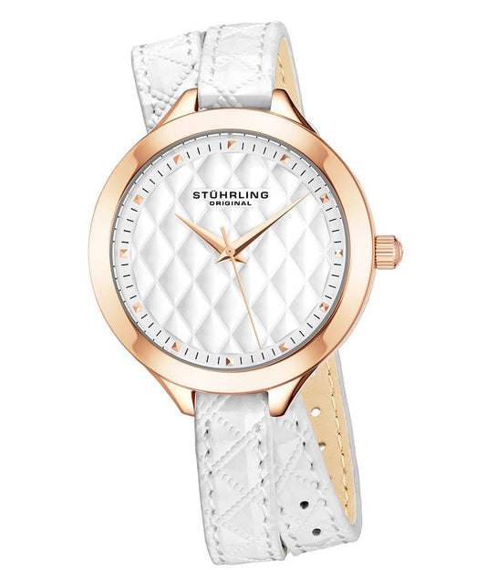 Stührling Deauville 658 Quartz 38mm Fashion - Ivory Dial / Rose Case / White Leather Strap Tang Buckle