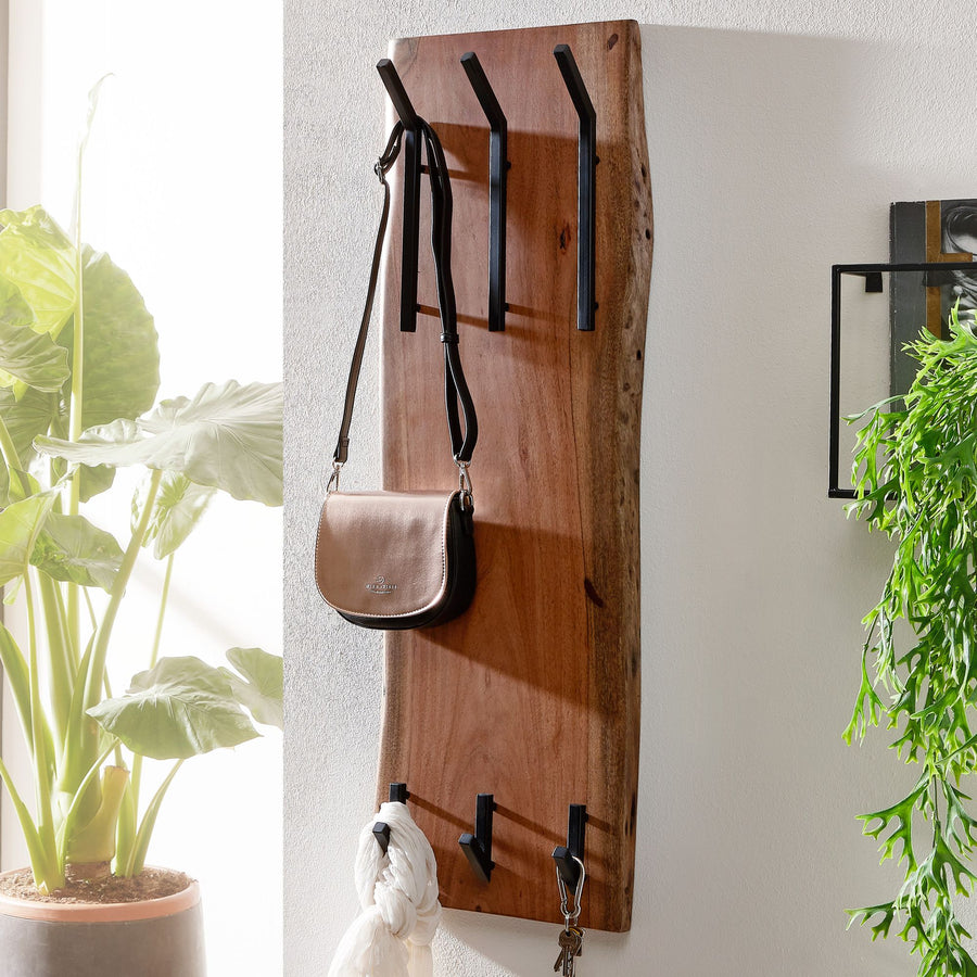 FineBuy Wandgarderobe Akazie Massivholz 36 x 100 cm Baumkante - Garderobenpaneel massiv Holz - Wand Garderobenleiste Hakenleiste - 6 Kleiderhaken