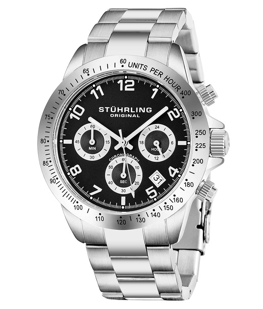 Stührling Concorso 665B Quartz 40mm Chronograph - Black Dial / Silver Case / Silver Stainless Steel Bracelet Deployant Buckle