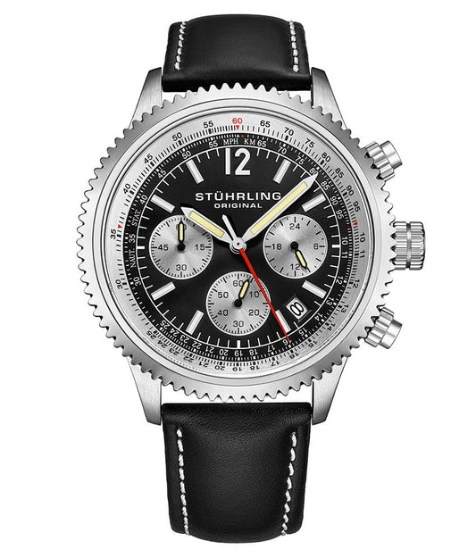 Stührling Monaco 669 Quartz 42mm Chronograph - Black Dial / Silver Case / Black Leather Strap Silver Tang Buckle