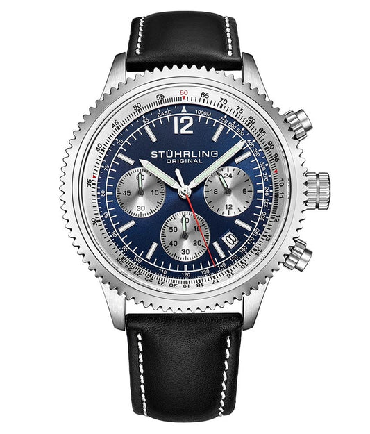 Stührling Monaco 669 Quartz 42mm Chronograph - Blue Dial / Silver Case / Black Leather Strap Silver Tang Buckle