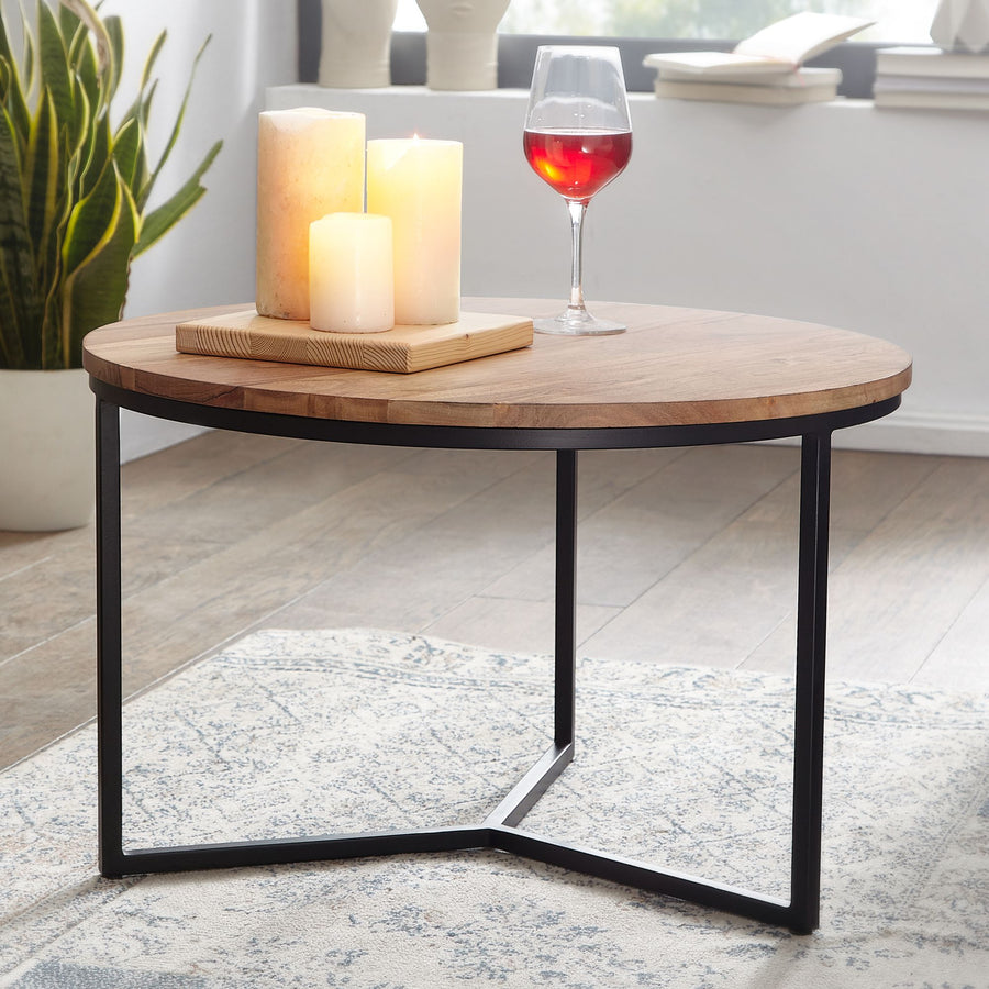 FineBuy Couchtisch Akazie Massivholz rund 60 cm · Kleiner Moderner Design Wohnzimmertisch mit Metallgestell · Handgefertigt  Industrial Design