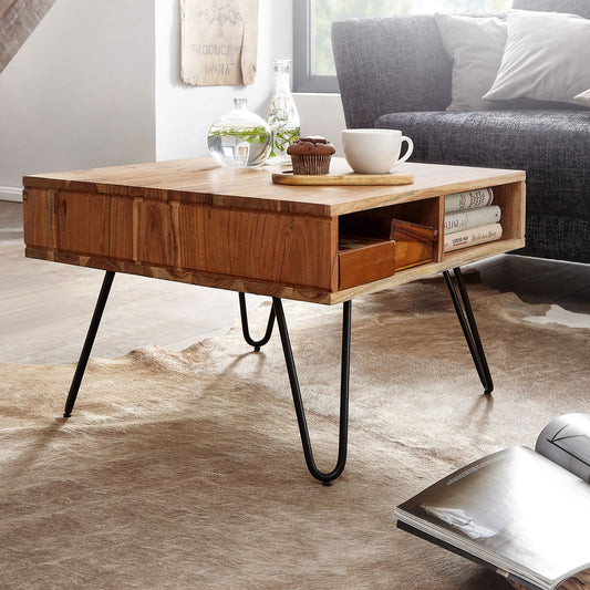 FineBuy Couchtisch quadratisch 60x60 cm Akazie Massivholz · Wohnzimmertisch mit Metall Hairpin Beinen & 2 Ablagen Stauraum · Industrial Design · Handg