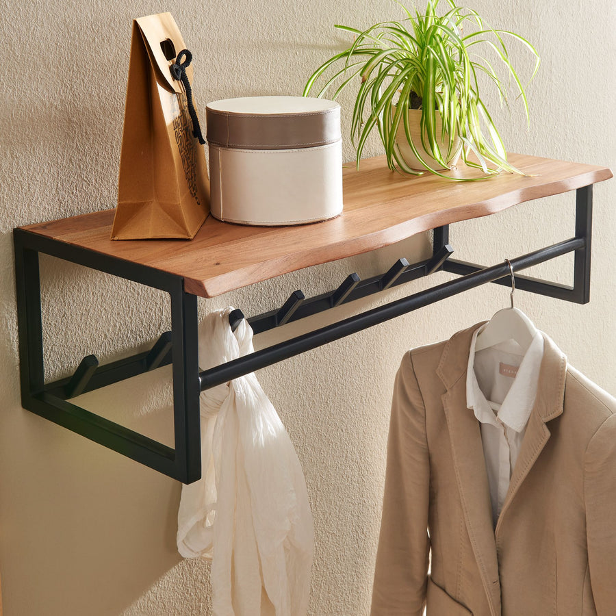 FineBuy Wandgarderobe Akazie Massivholz 80 cm mit Ablage - Industrial Garderobenpaneel mit Hutablage - Wand Garderobenleiste Hakenleiste - 7 Metall Kl