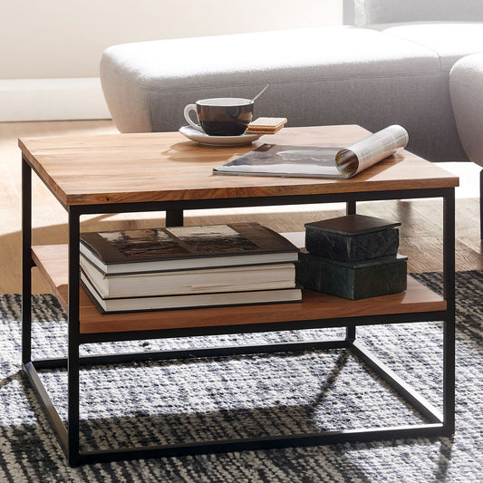FineBuy Couchtisch quadratisch 60x60 cm Akazie Massivholz · Wohnzimmertisch mit Metallgestell & 2 Ablageflächen · Handgefertigt & lackiert im Industri