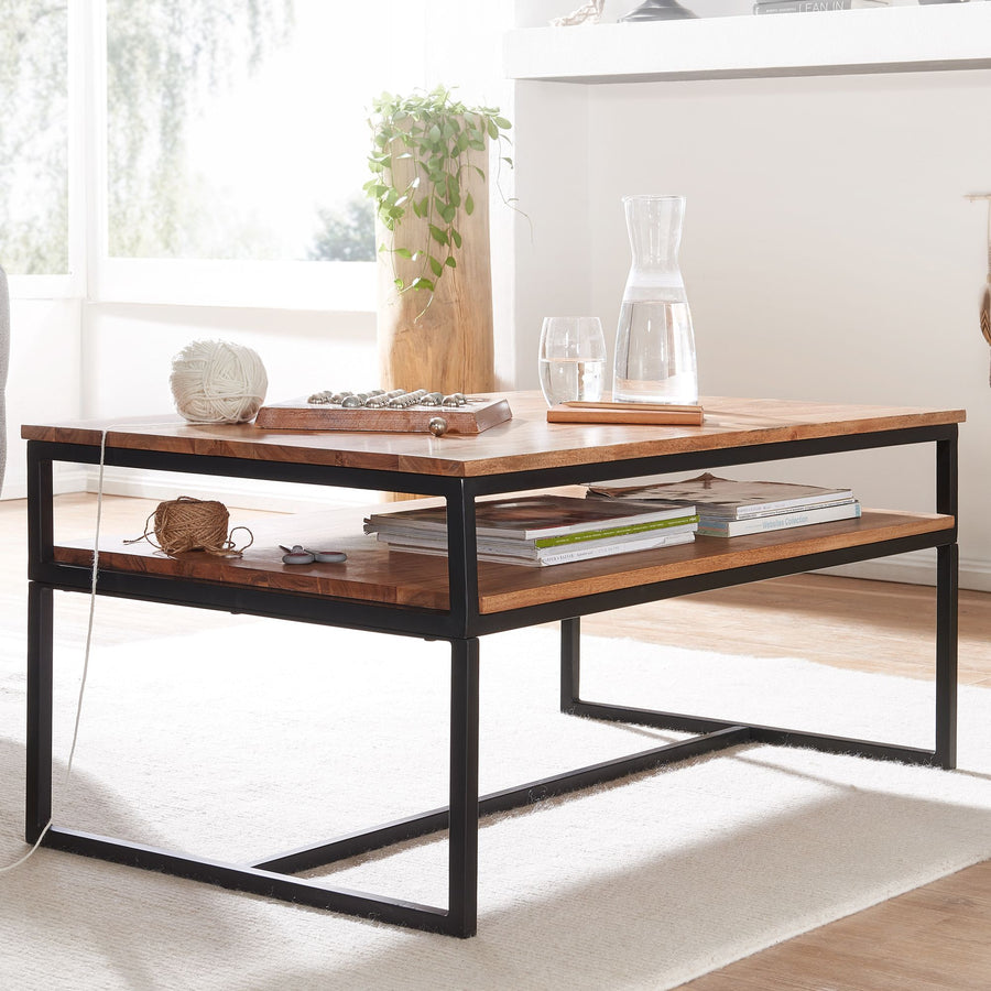 FineBuy Couchtisch Akazie Massivholz 100 cm · Wohnzimmertisch mit Ablage und schwarzem Metallgestell · Rechteckiger Industrial Tisch im modernen Loft 
