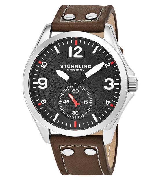 Stührling Tuskegee 684 Quartz 44mm Aviator - Black Dial / Silver Case / Dark Brown Leather Strap Tang Buckle