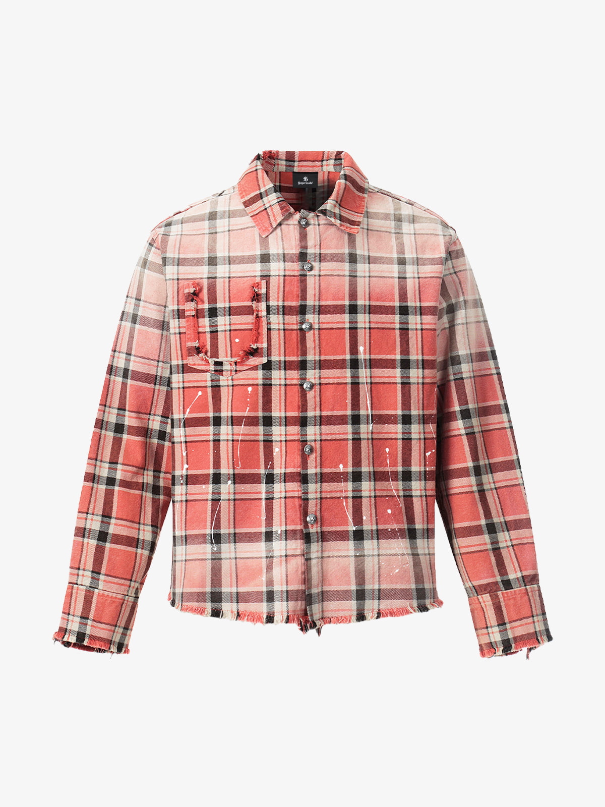 Paint Splatter Plaid Frayed Hem Button Up Shirt - Red / S