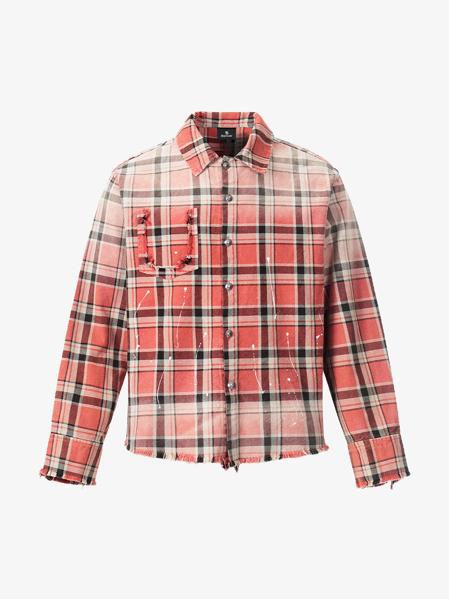 Paint Splatter Plaid Frayed Hem Button Up Shirt - Red / S