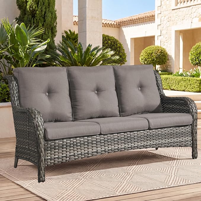 Outdoor Patio Furniture Wicker 3-Seater Sofa, NTC Series - Mixed Grey Wicker / Grey Cushion