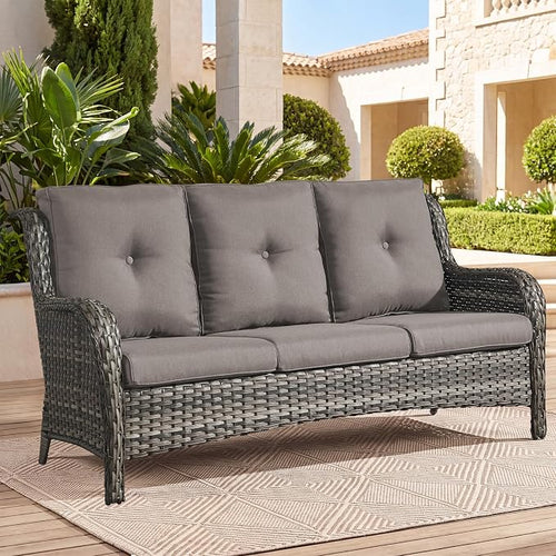 Outdoor Patio Furniture Wicker 3-Seater Sofa, NTC Series - Mixed Grey Wicker / Grey Cushion