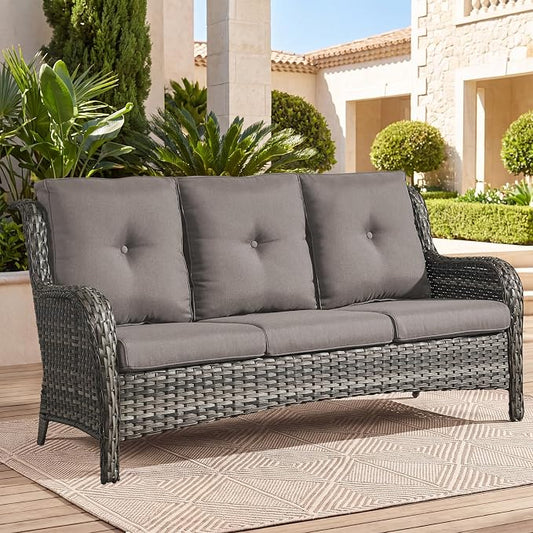 Outdoor Patio Furniture Wicker 3-Seater Sofa, NTC Series - Mixed Grey Wicker / Grey Cushion