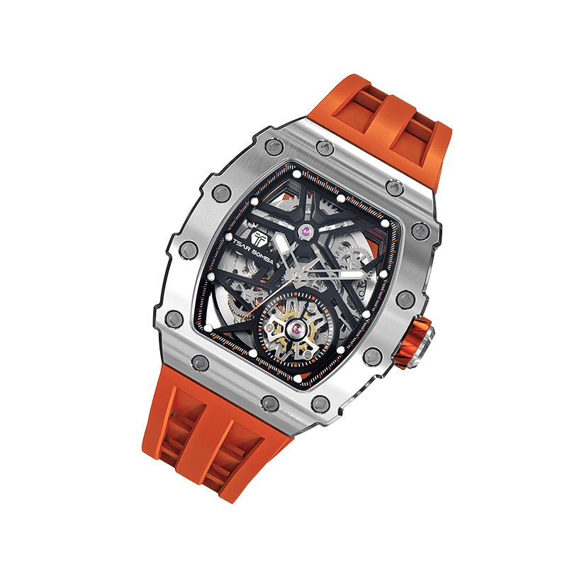 TSAR BOMBA Elemental TB8209A Edelstahl Automatik Tonneau Unique masculino Uhr-Edelstahl Gehäuse-Tourbillon Visible at 5 O'Clock-Silber Orange