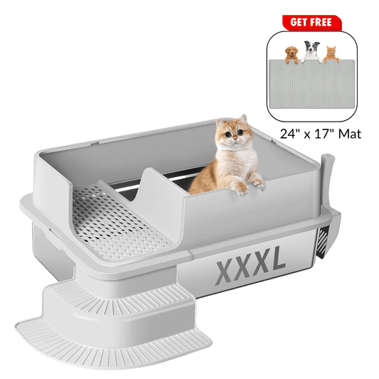 XXXL Light Gray Semi Enclosed Stainless Steel Litter Box with Step - Light Gray / 28"x20"x12"