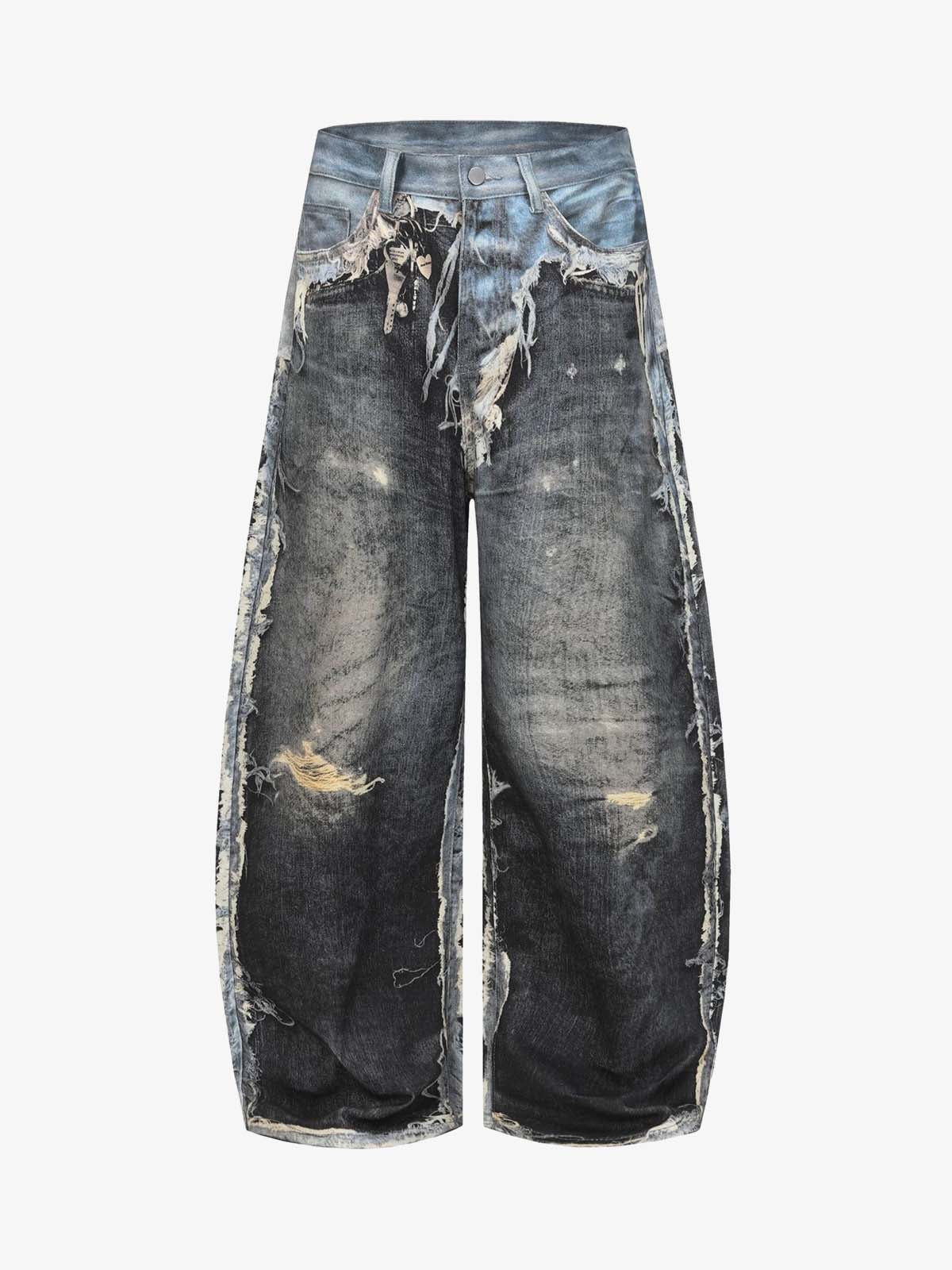 Distressed Patchwork Wide Leg Washed Denim Jeans - Black / M