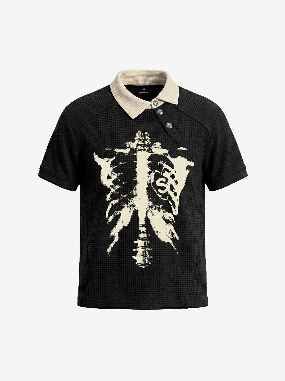 Skeleton Ribcage Graphic Print Asymmetric Button Polo Shirt - Black / S