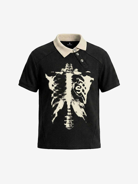 Skeleton Ribcage Graphic Print Asymmetric Button Polo Shirt - Black / S