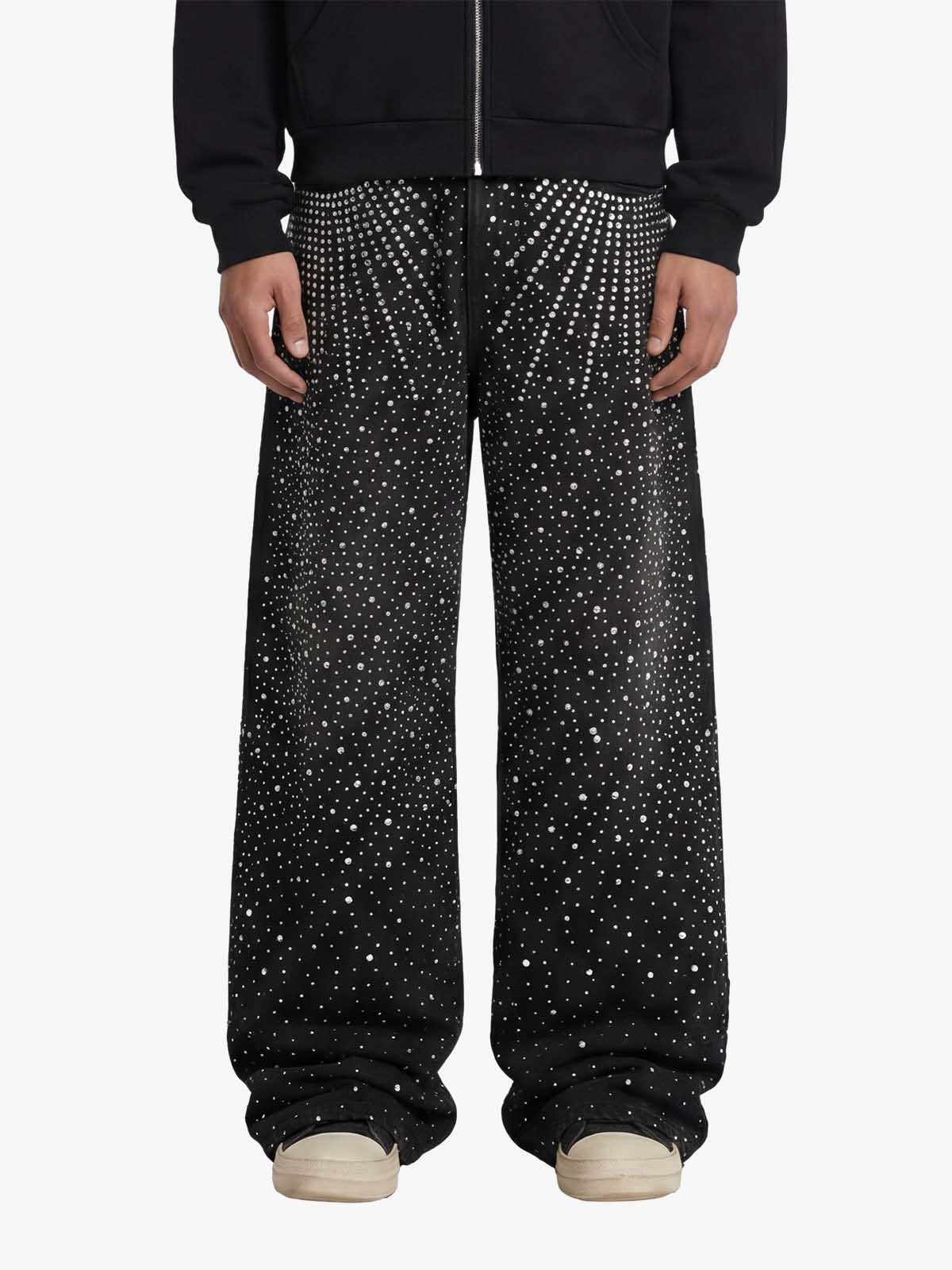 Retro Denim Full Rhinestone Design Baggy Jeans - 2545 - Black / S