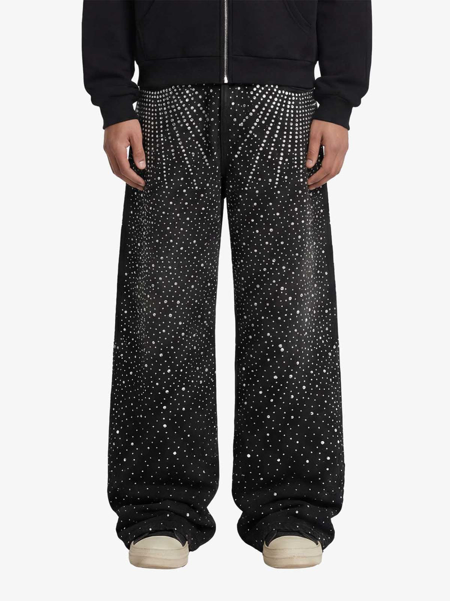 Retro Denim Full Rhinestone Design Baggy Jeans - 2545 - Black / S