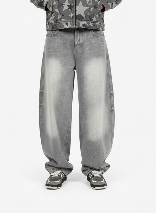 Retro Washed Distressed Curved Blade Wide-Leg Jeans - Light Grey / XS