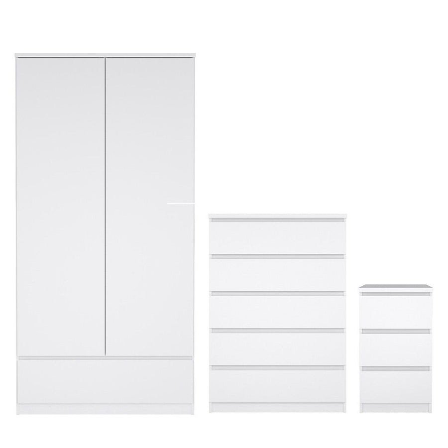 Naia Package - White High Gloss + 3 Drawer Bedside + Chest of 5 Drawers + 2 door 1 drawer Wardrobe