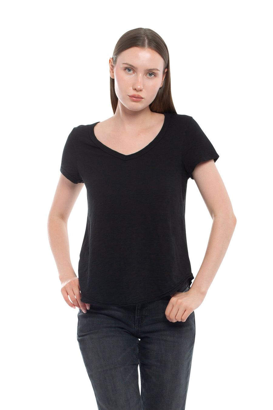 Short Sleeve Shrunken V-Neck Shirttail - Black / XS