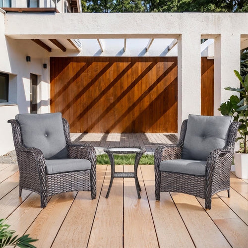3 Piece Outdoor Furniture Set Patio Chairs with Side Table, NTC Series - Mixed Grey Wicker / Grey Cushion