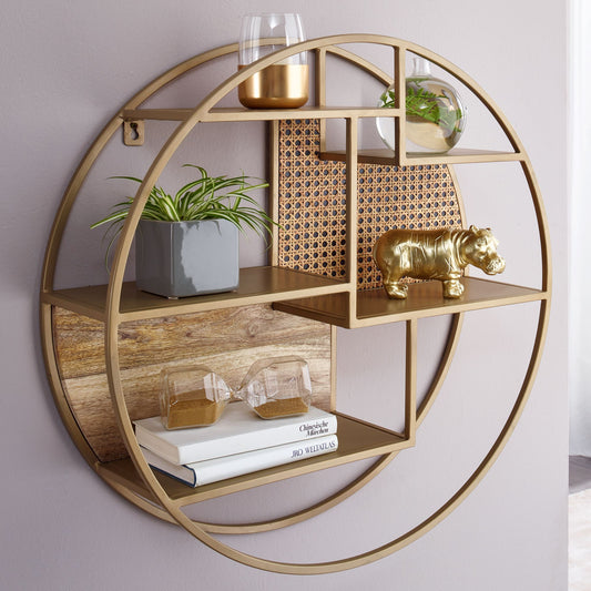 FineBuy Wandregal Rattan 62x62x17 cm Hängeregal Massivholz / Metall Industrial, Schweberegal Wiener Geflecht Rund Wand, Regal Hängend Offen Wohnzimmer