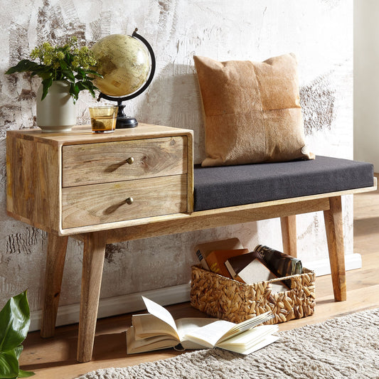 FineBuy gepolsterte Sitzbank 120 cm Massivholz Stoff mit Schublade - Retro Polsterbank für Garderobe, Schlafzimmer, Wohnzimmer  - Garderobenbank Einga