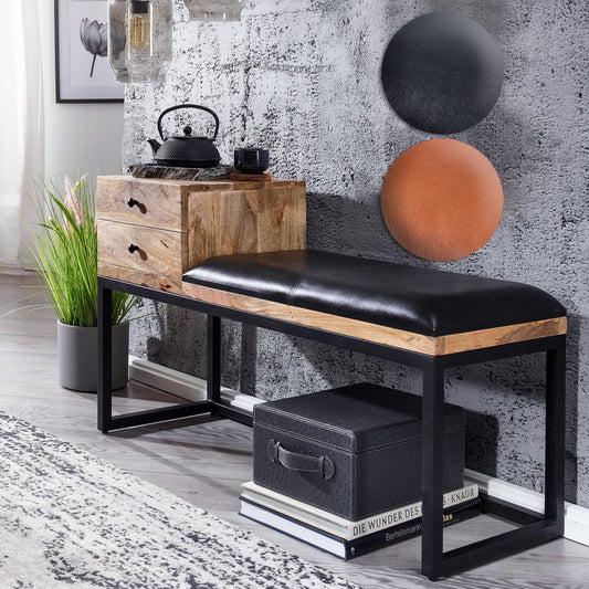FineBuy gepolsterte Sitzbank 100 cm Massivholz Echtleder Schwarz mit Schublade - Retro Polsterbank für Garderobe, Schlafzimmer, Wohnzimmer  - Garderob