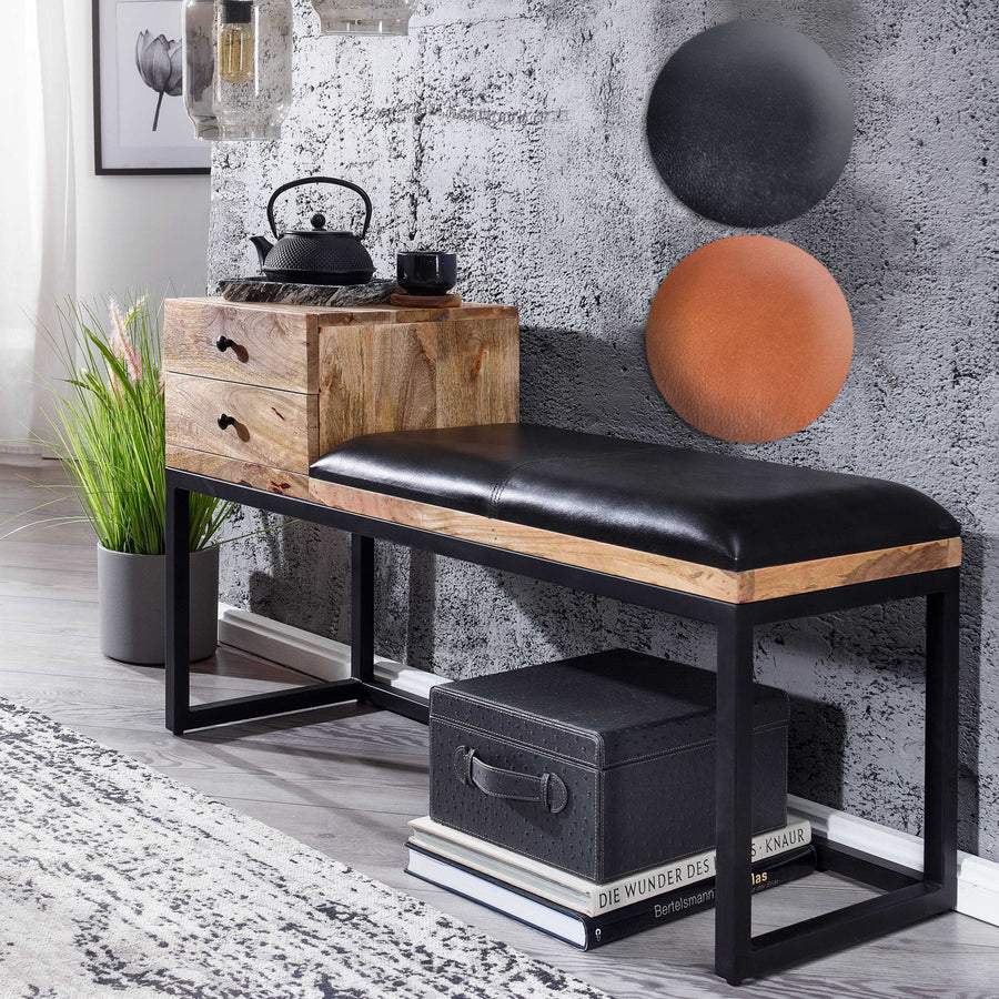 FineBuy gepolsterte Sitzbank 100 cm Massivholz Echtleder Schwarz mit Schublade - Retro Polsterbank für Garderobe, Schlafzimmer, Wohnzimmer  - Garderob