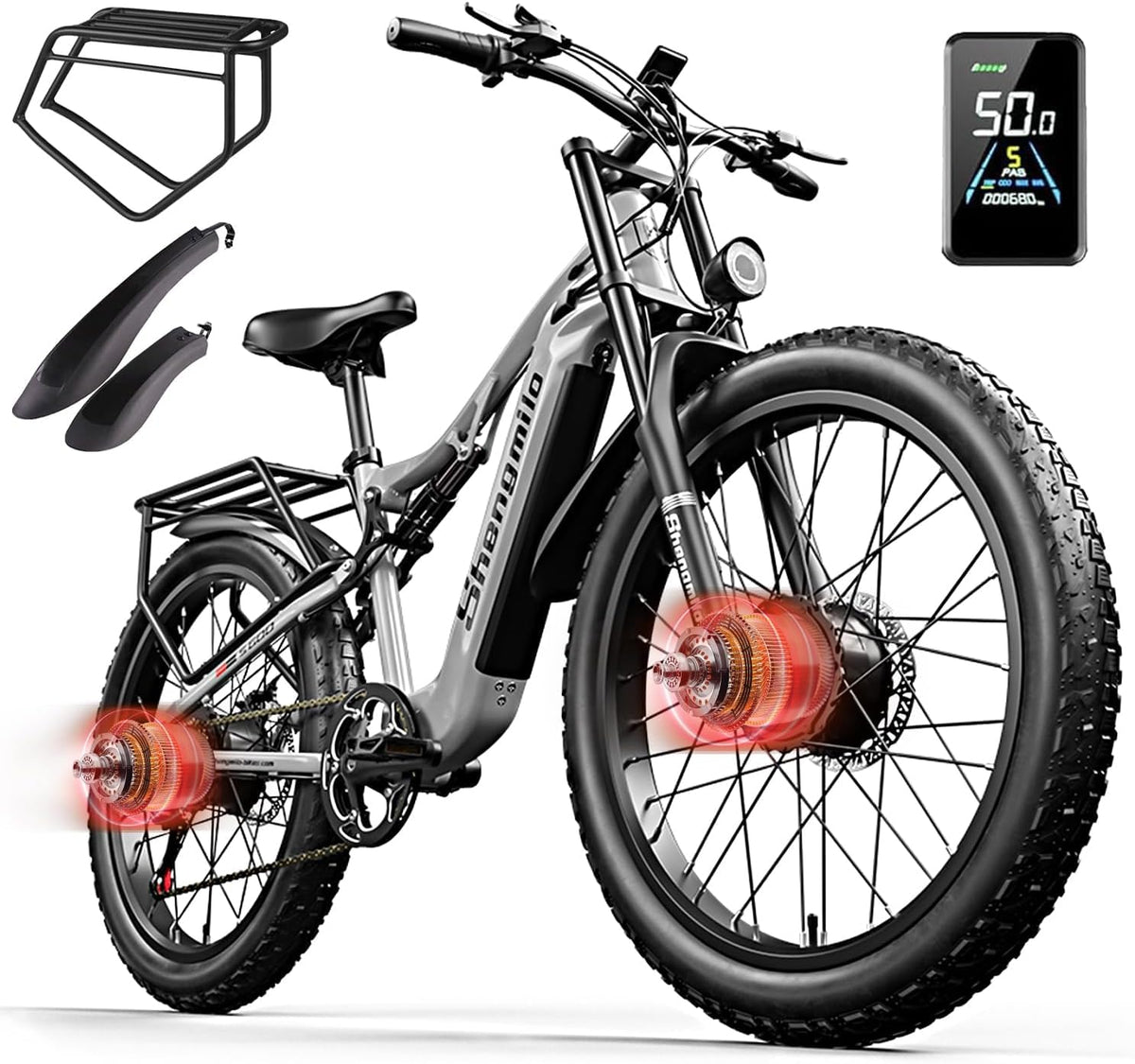 Shengmilo S600 Elektro-Mountainbike für Erwachsene Doppelmotor, 26 Zoll fette Reifen, 17.5AH langlebiger Akku, vollgefedertes All-Terrain-E-Bike DREI 