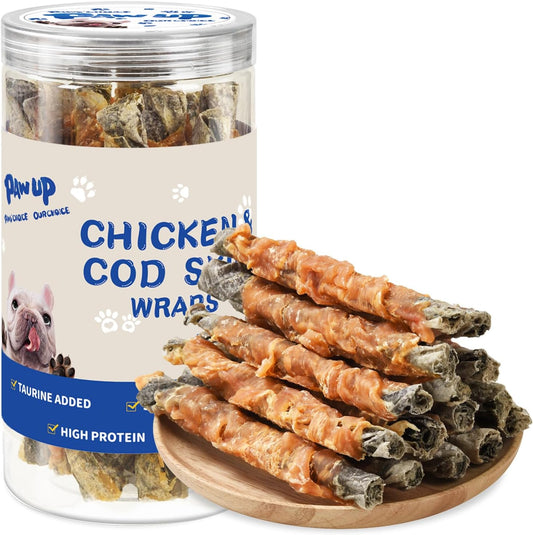 PAWUP Dog Treat Chicken Wrapped Cod Skins, Fish Chews, 12-15 Count | Crunchy & Chewy, Rawhide-Free, Rich in Omega-3, for Small, Medium & Large