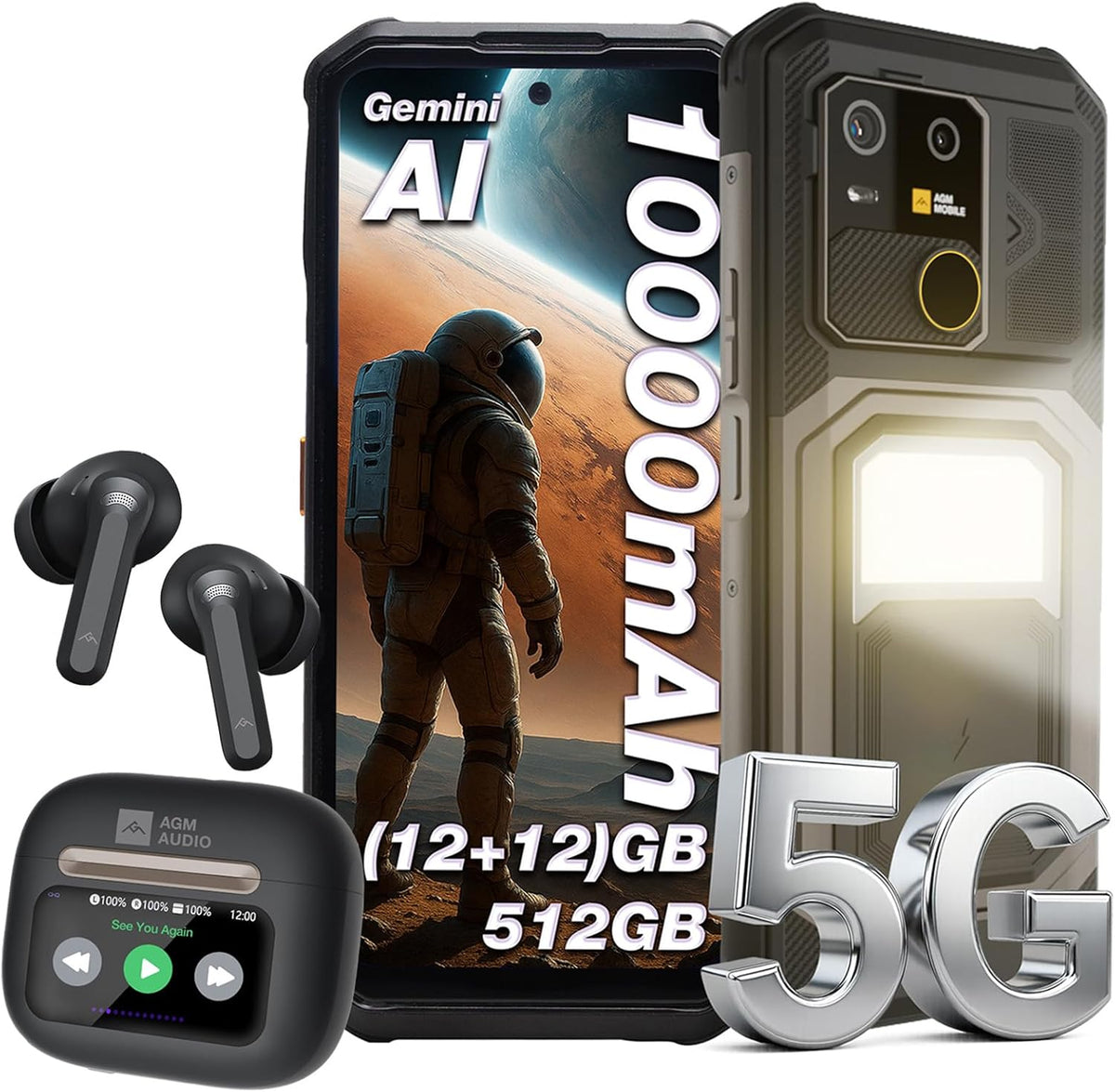 AGM G3 Smartphone Ohne Vertrag Android 15,12+12GB RAM+512GB ROM,64MP+50MP+2MP,10000mAh/6.72 Zoll FHD+120Hz,Dual SIM IP68/NFC/OTG/GPS/Face ID (G3+Buds 